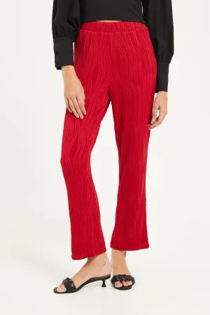 Women Red Textured Straight Leg Trouser