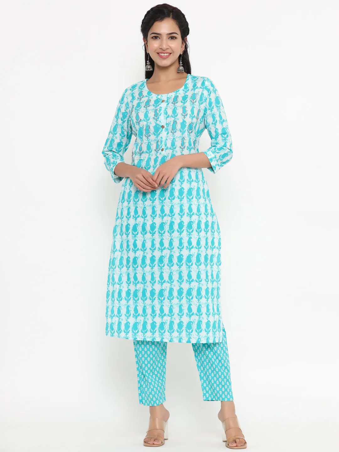 Women Sea Green Paisley Print Kurta With Trousers