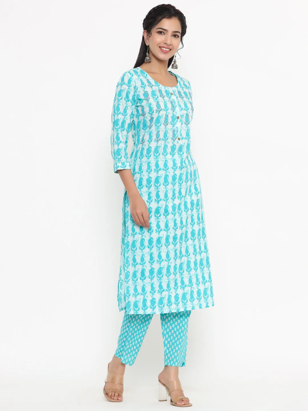 Women Sea Green Paisley Print Kurta With Trousers