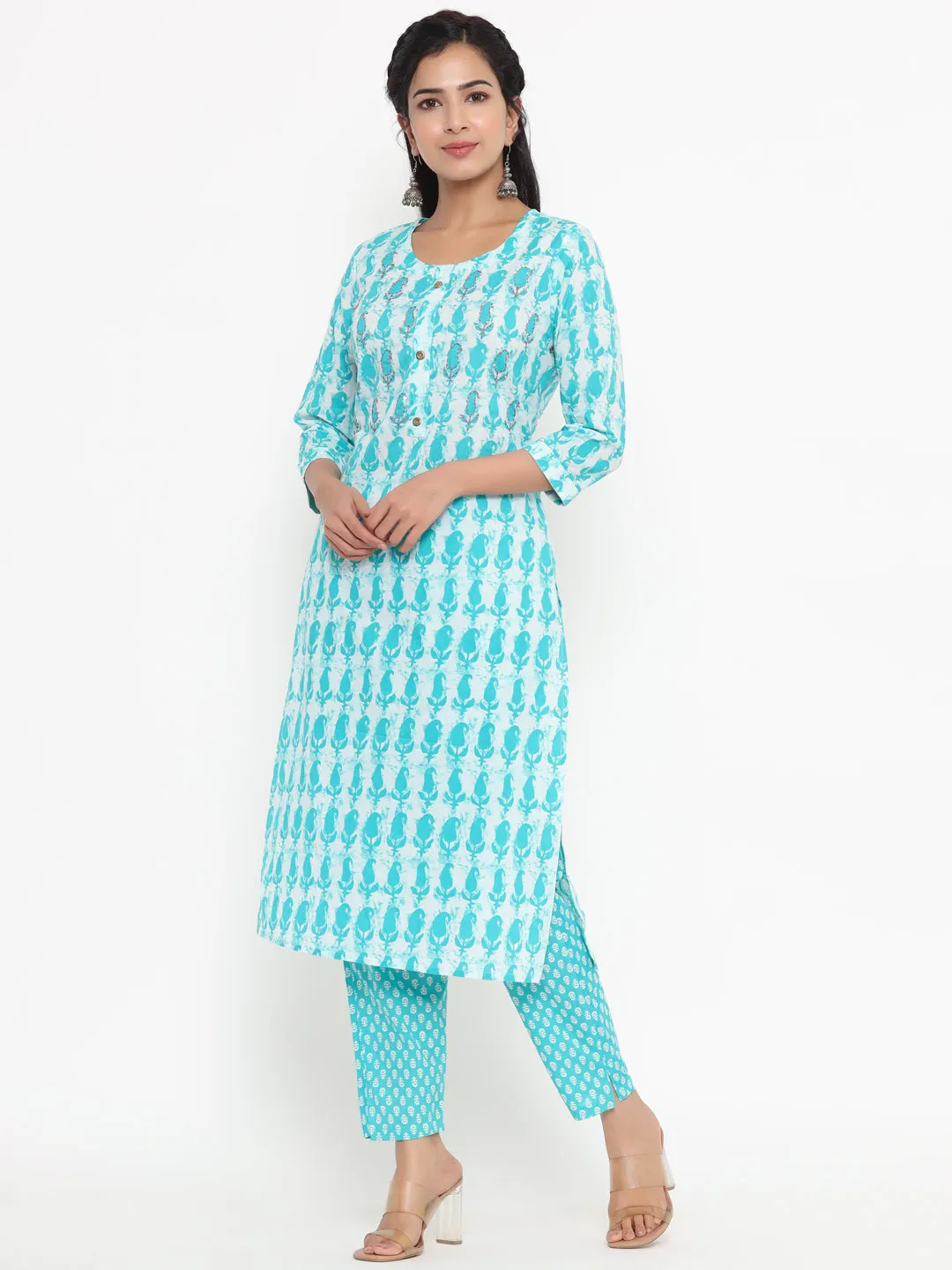 Women Sea Green Paisley Print Kurta With Trousers