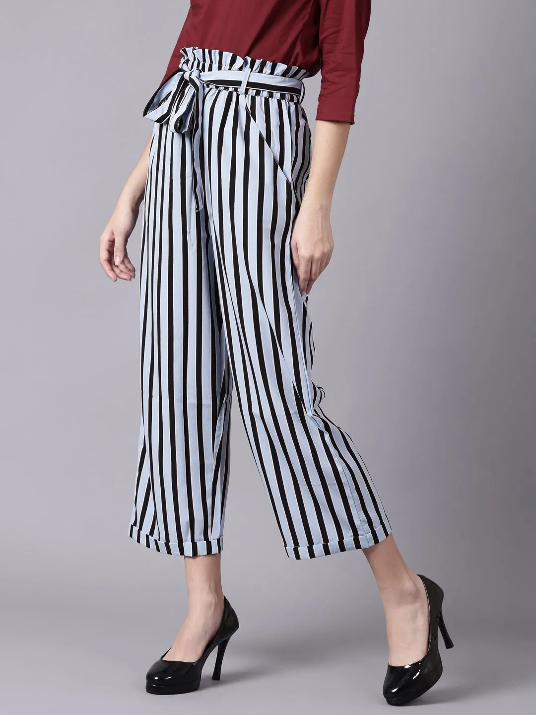 Women Sky Blue Striped Casual Texture Georgette Trouser