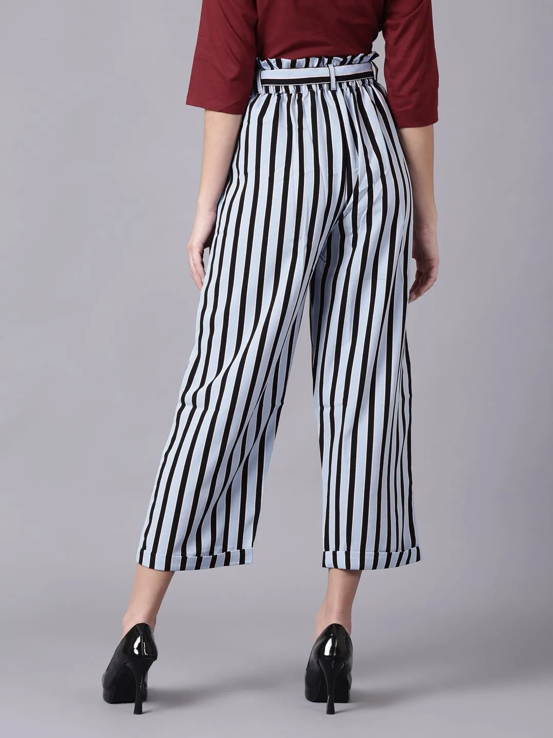 Women Sky Blue Striped Casual Texture Georgette Trouser