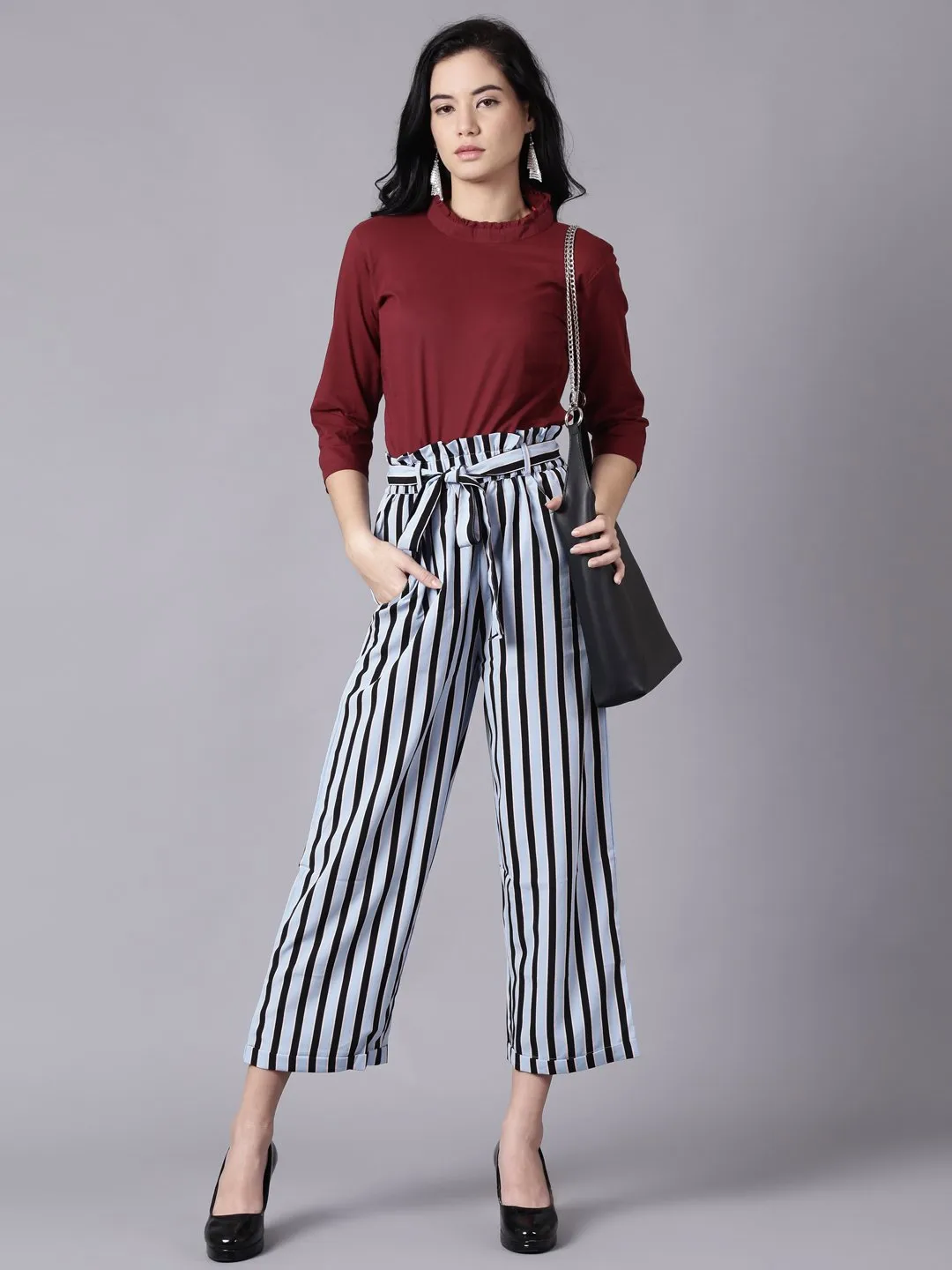 Women Sky Blue Striped Casual Texture Georgette Trouser