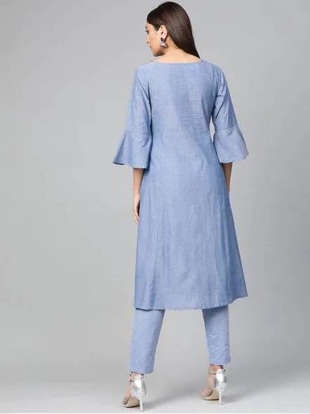 Women'S Blue Yoke Design Chambray Kurta With Trousers