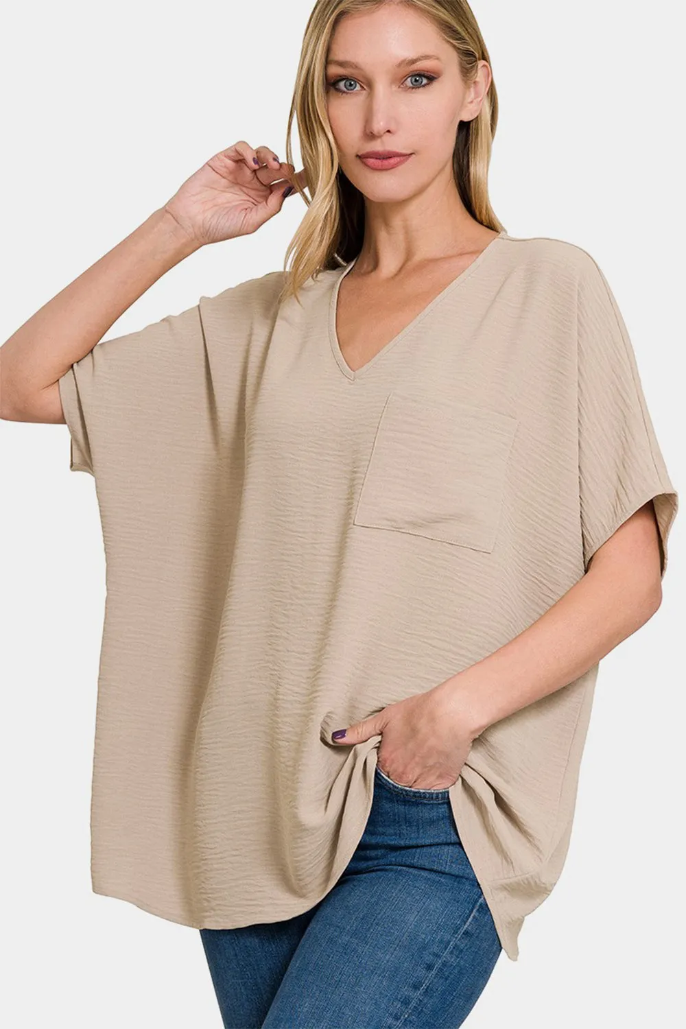 Zenana Texture V-Neck Short Sleeve Top Lt Mocha