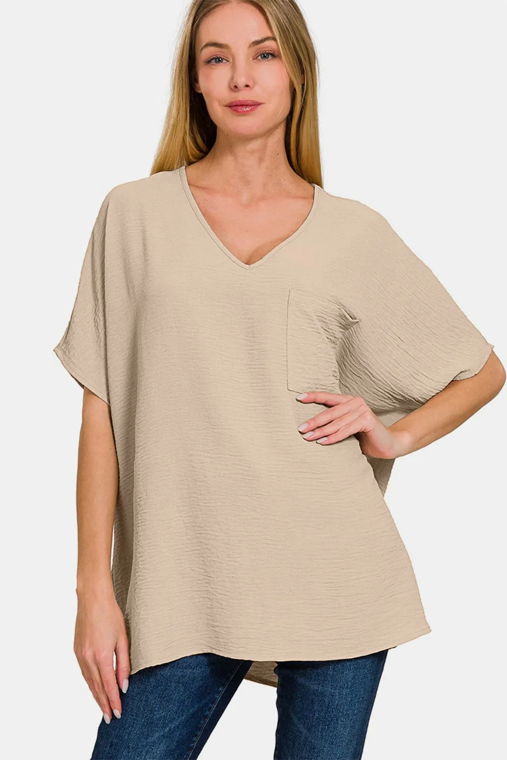 Zenana Texture V-Neck Short Sleeve Top Lt Mocha