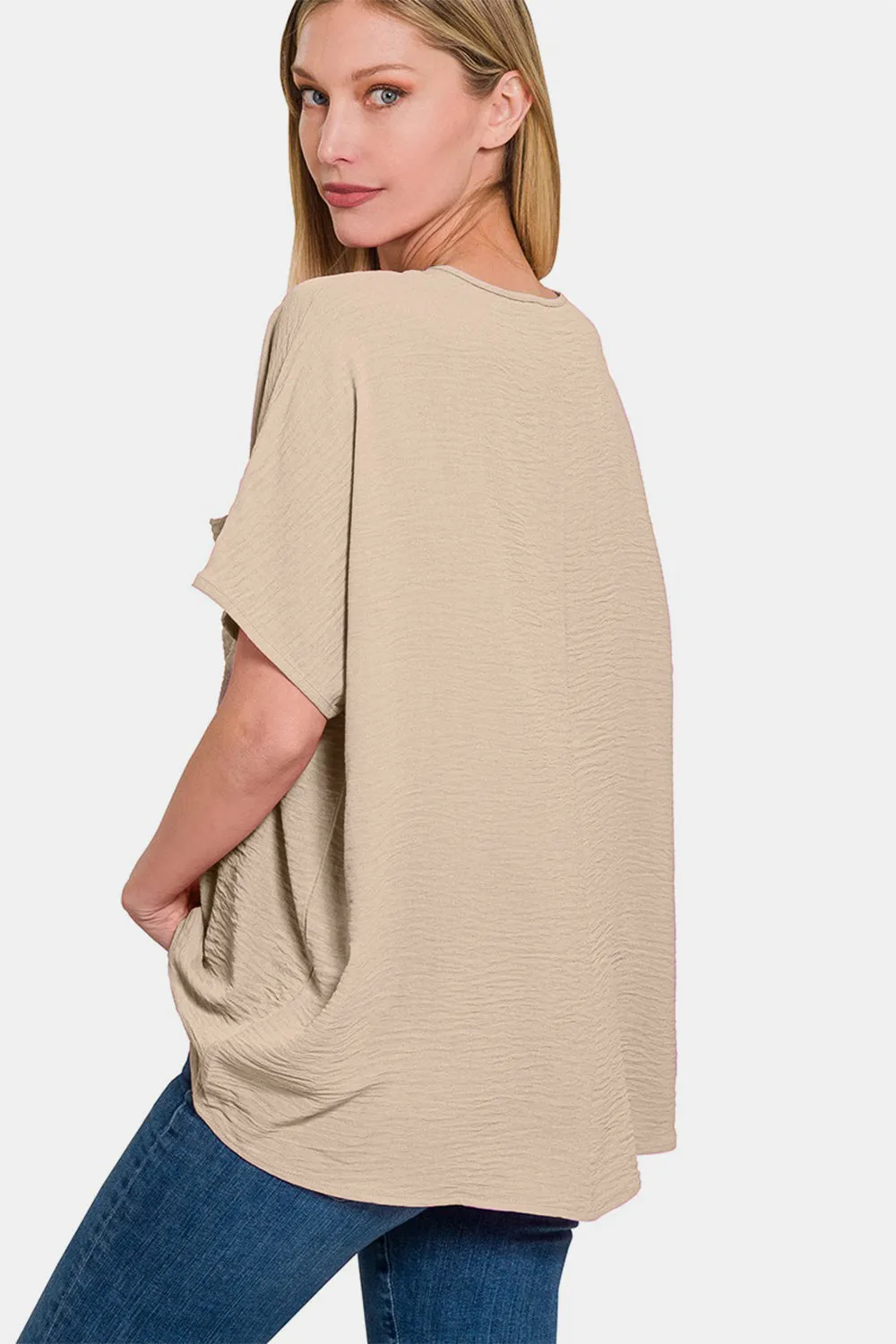 Zenana Texture V-Neck Short Sleeve Top Lt Mocha